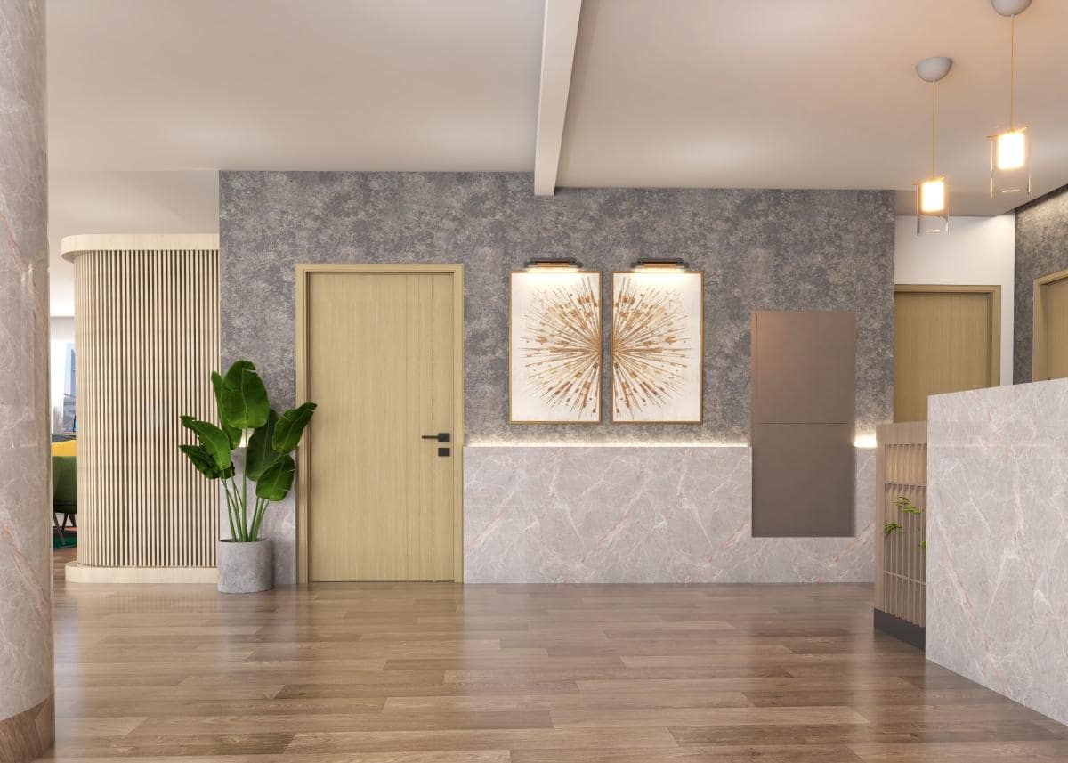 3d image of hotel reception designed with vinyl flooring, off white door on the gray colored wall